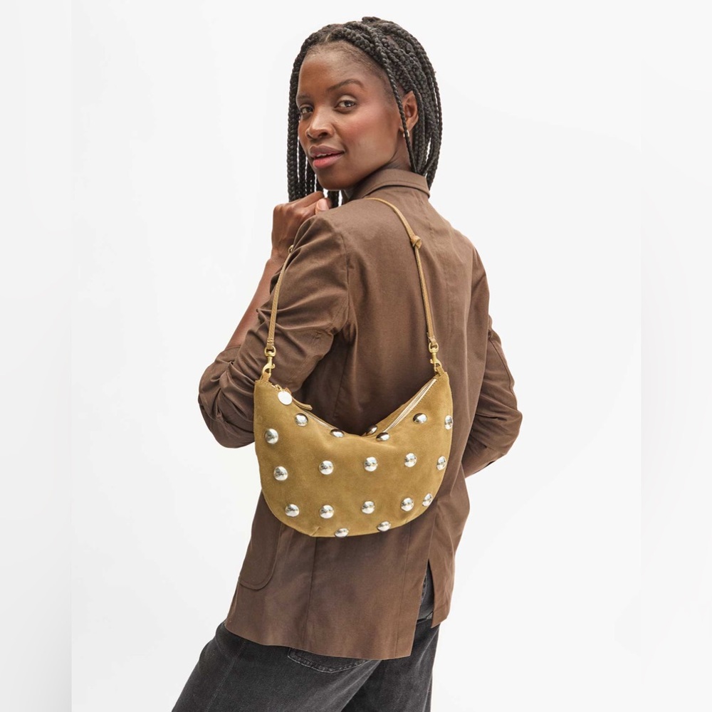 Clare V Mustard Studded Suede Crescent Shoulder Bag